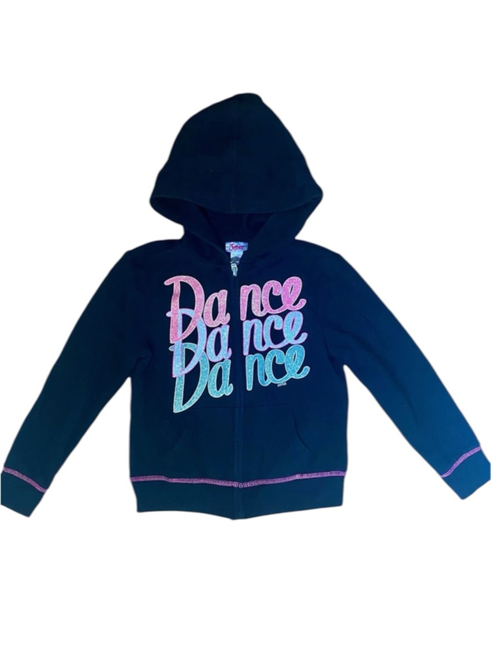 JUSTICE black glitter “Dance” zip hoodie